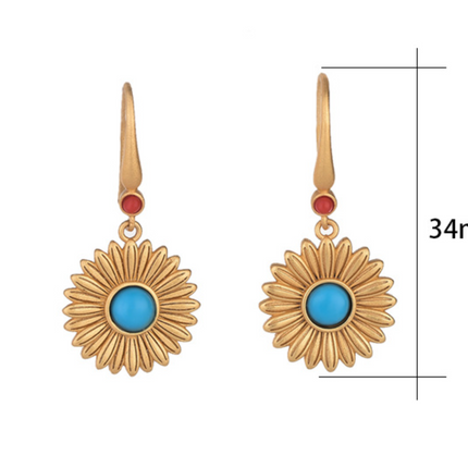 Bohemian Turquoise Drop Dangle Earrings Sunflower Hook 18K Gold Plated Gemstone