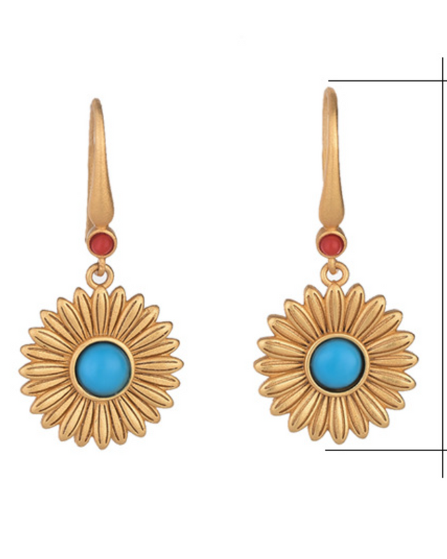 Bohemian Turquoise Drop Dangle Earrings Sunflower Hook 18K Gold Plated Gemstone