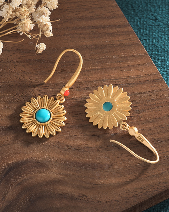 Bohemian Turquoise Drop Dangle Earrings Sunflower Hook 18K Gold Plated Gemstone