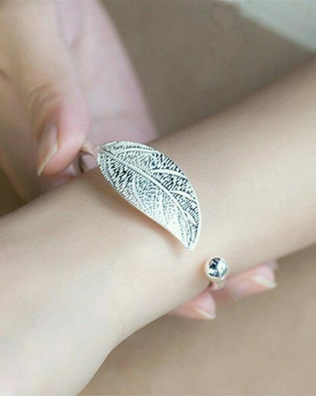 925 Sterling Silver Charm Leaf Bracelet Bangle Cuff One Size Fit All Adjustable