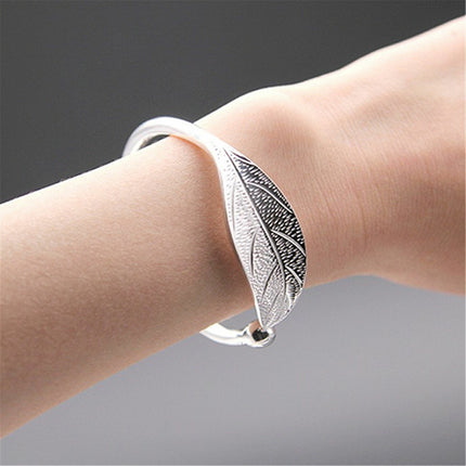 925 Sterling Silver Charm Leaf Bracelet Bangle Cuff One Size Fit All Adjustable