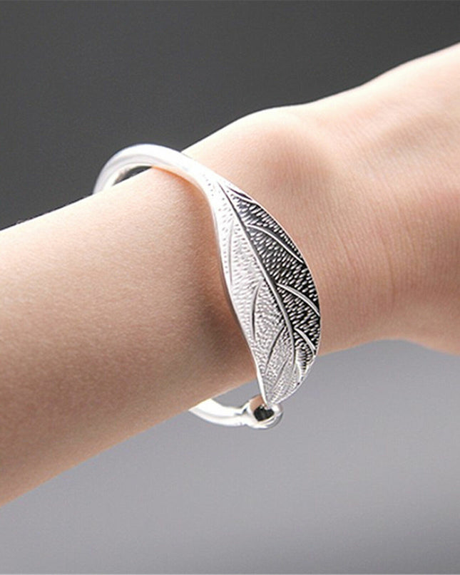925 Sterling Silver Charm Leaf Bracelet Bangle Cuff One Size Fit All Adjustable