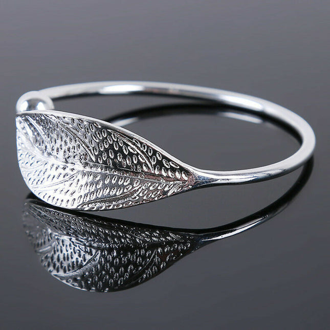 925 Sterling Silver Charm Leaf Bracelet Bangle Cuff One Size Fit All Adjustable