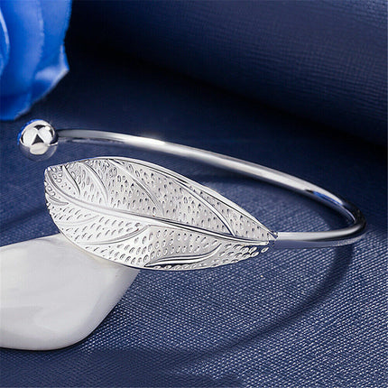 925 Sterling Silver Charm Leaf Bracelet Bangle Cuff One Size Fit All Adjustable