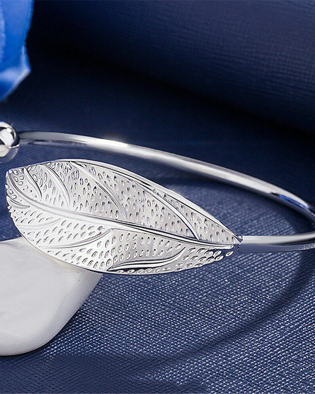 925 Sterling Silver Charm Leaf Bracelet Bangle Cuff One Size Fit All Adjustable
