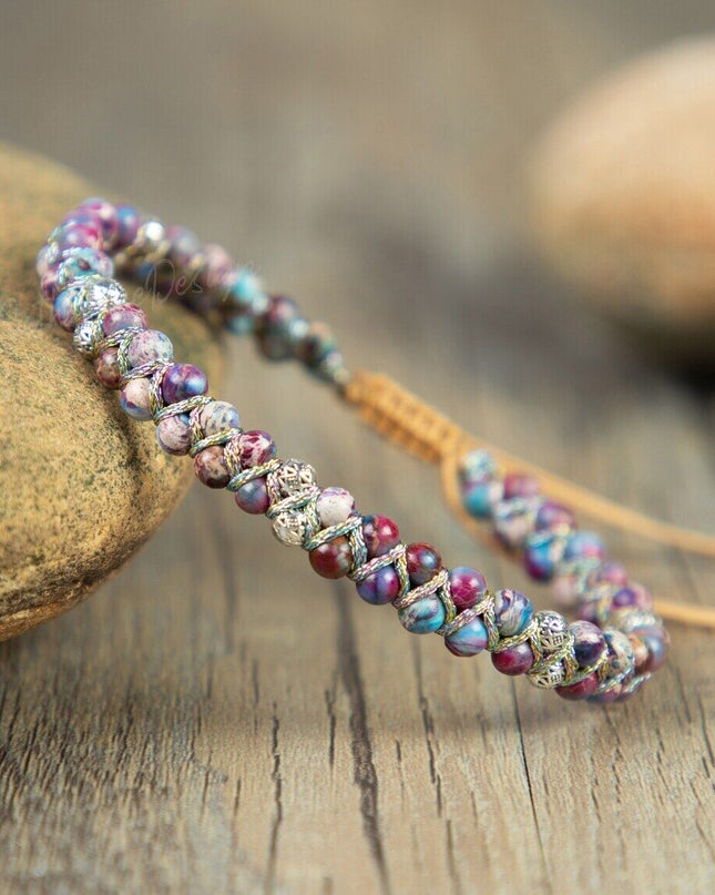 Natural Imperial Jasper Bead Braided Bracelet for Meditation Protection Handmade