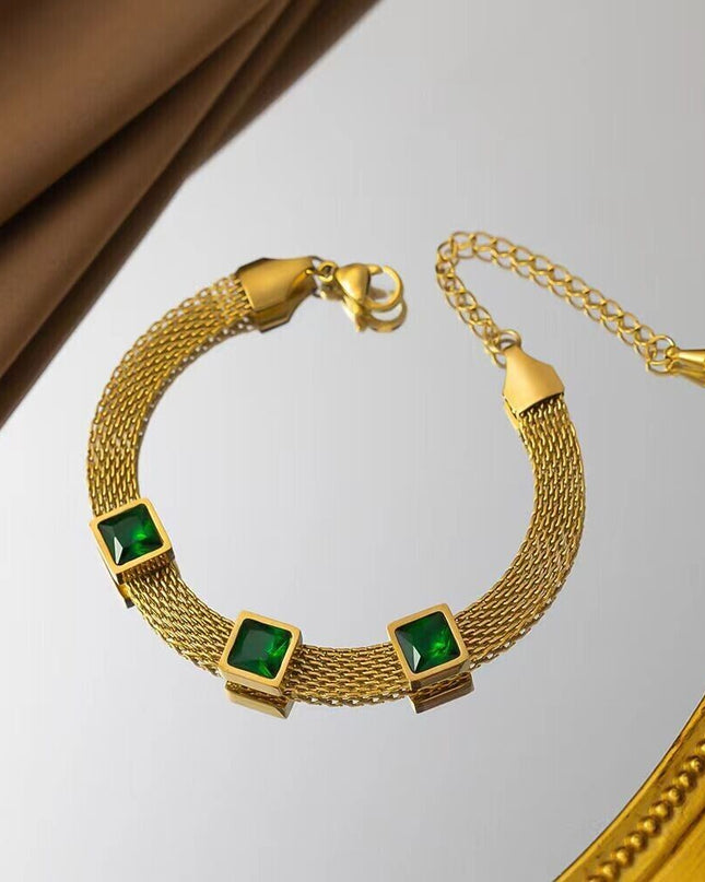Woman 18K Gold Plated Stainless Steel Simulated Emerald CZ Mesh Bracelet Bangle