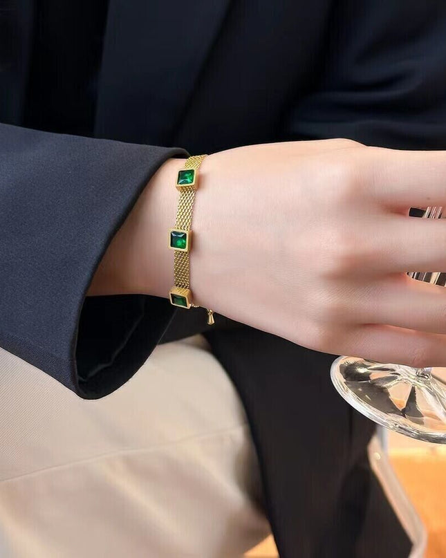 Woman 18K Gold Plated Stainless Steel Simulated Emerald CZ Mesh Bracelet Bangle