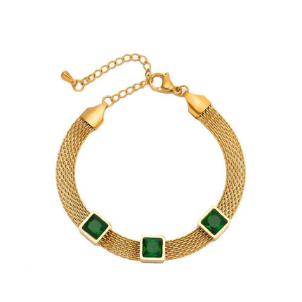 Woman 18K Gold Plated Stainless Steel Simulated Emerald CZ Mesh Bracelet Bangle