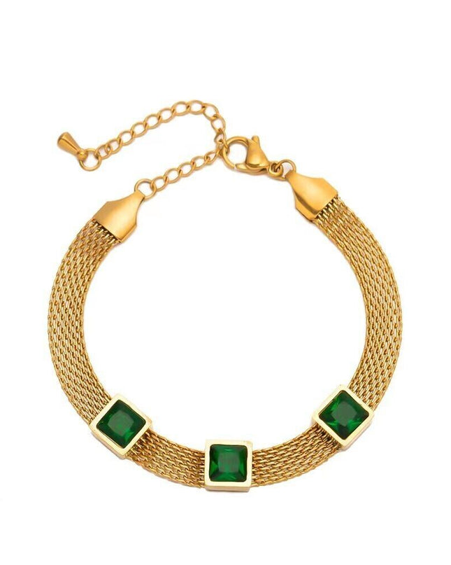 Woman 18K Gold Plated Stainless Steel Simulated Emerald CZ Mesh Bracelet Bangle