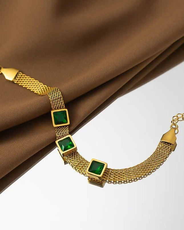 Woman 18K Gold Plated Stainless Steel Simulated Emerald CZ Mesh Bracelet Bangle