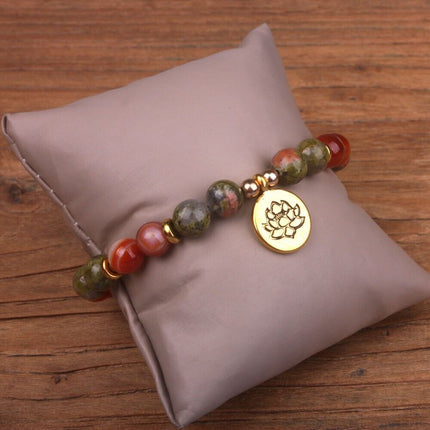 Natural Unakite Red Jade Handmade 8mm Beads Healing Reiki Lotus Women Bracelet