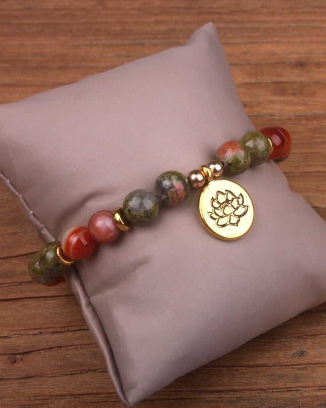 Natural Unakite Red Jade Handmade 8mm Beads Healing Reiki Lotus Women Bracelet