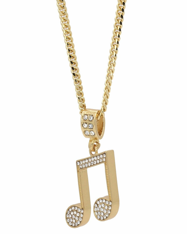 14k Gold Plated Music Note Pendant Iced Cubic Zirconia 24" Cuban Necklace Chain