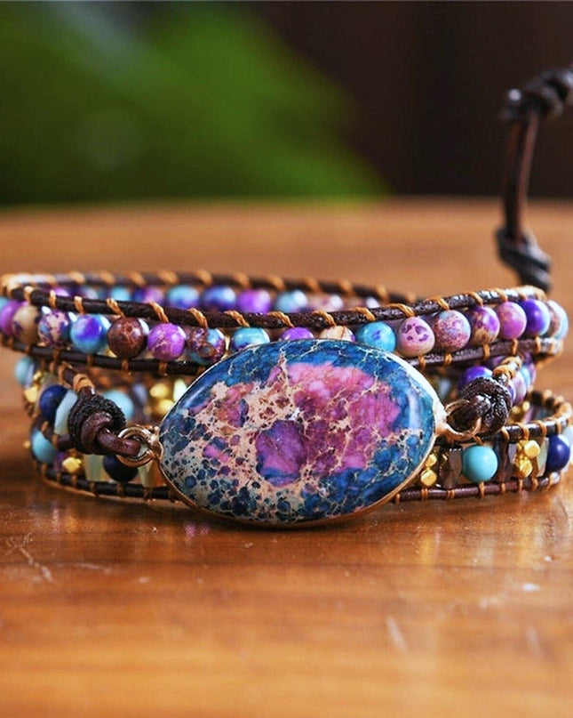 Imperial Jasper Stone Beaded Bracelet Gemstone Charm Leather Wrap Bracelet