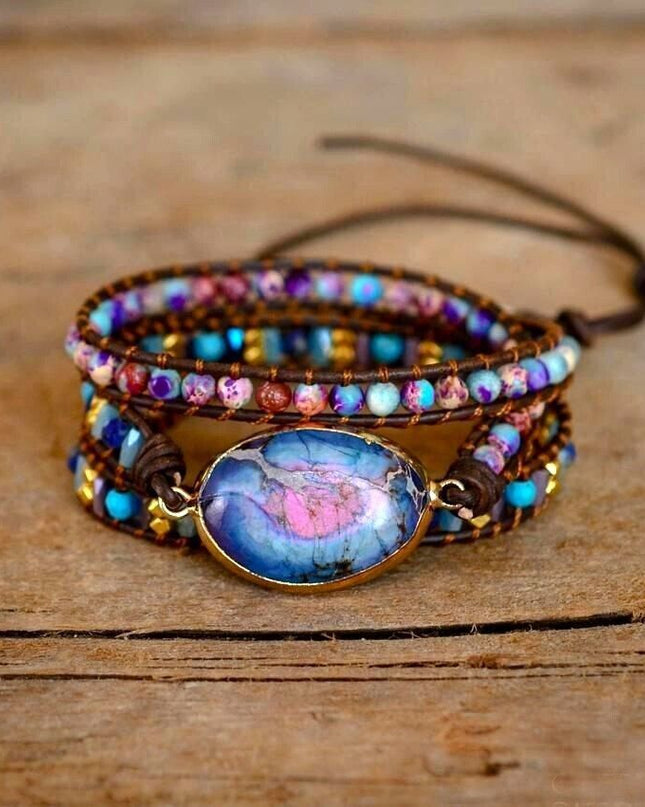 Imperial Jasper Stone Beaded Bracelet Gemstone Charm Leather Wrap Bracelet