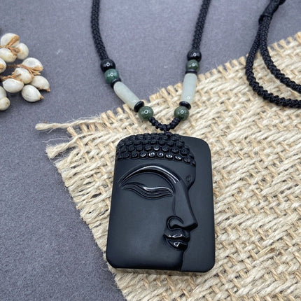 Jade Obsidian Buddha Charm Pendant Necklace Beads Cord Handmade Carved Gemstone