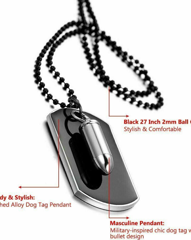 Men's Stainless Steel Black Bullet Dog Tag Pendant Necklace w Bead Chain
