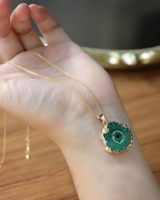 Green Druzy Solar Agate Geode Slice Healing Reiki 14K Gold Chain Necklace