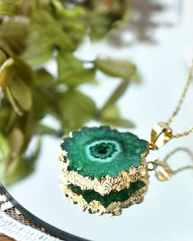 Green Druzy Solar Agate Geode Slice Healing Reiki 14K Gold Chain Necklace