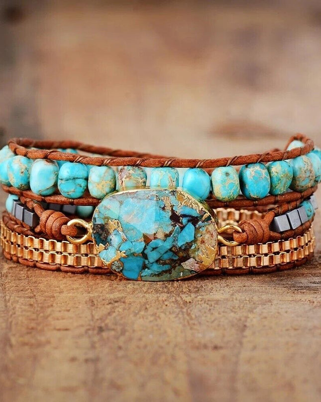 Natural Turquoise 3 Strands Boho Handmade Healing Meditation Women Wrap Bracelet
