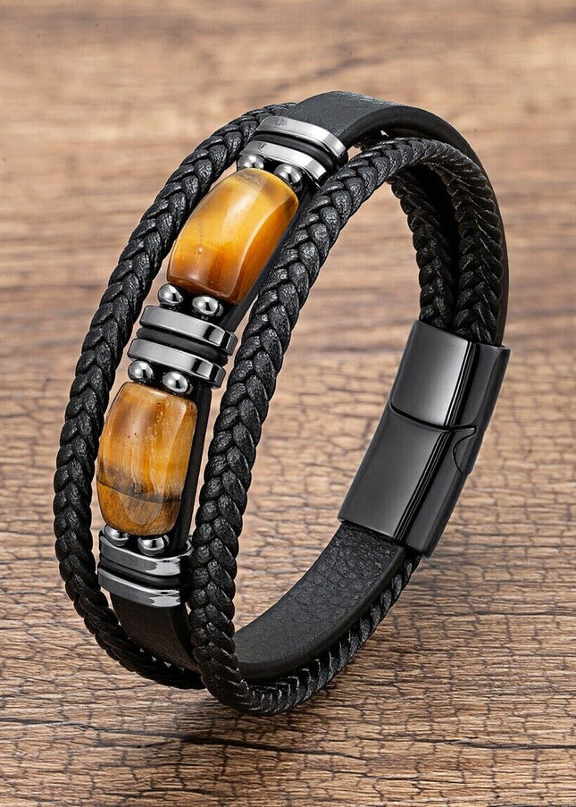 Natural Tiger's Eye Stone Men's Leather Braided Bracelet Bangle Magnetic Clasp