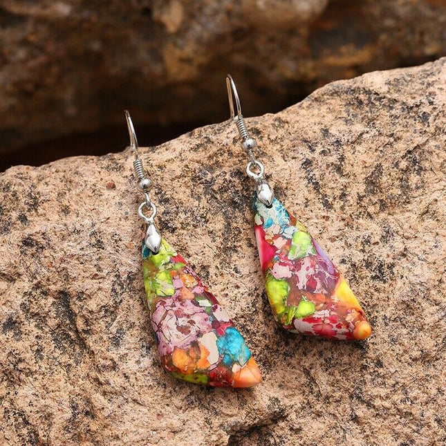 Ocean Jasper Boho Slab Dangle Healing Anxiety Relief Chakra Women Earrings