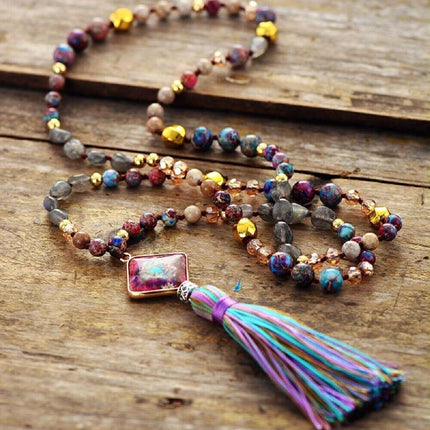 108 Mala Bead Assorted Gemstone Necklace Imperial Jasper Pendant Tassel Necklace
