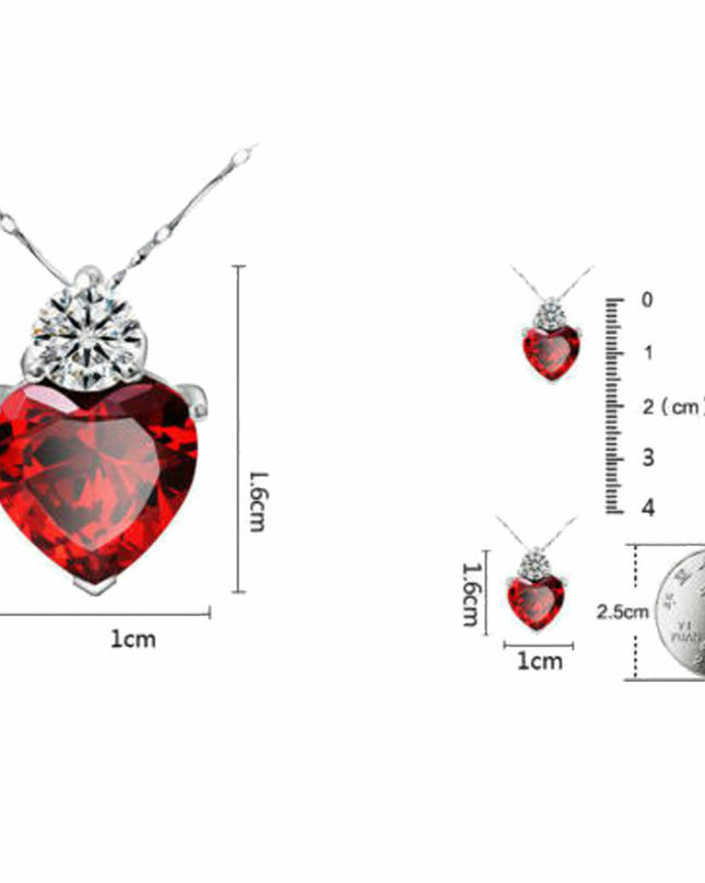 18” 925 Sterling Silver Red Garnet Heart Crystal Necklace for Women