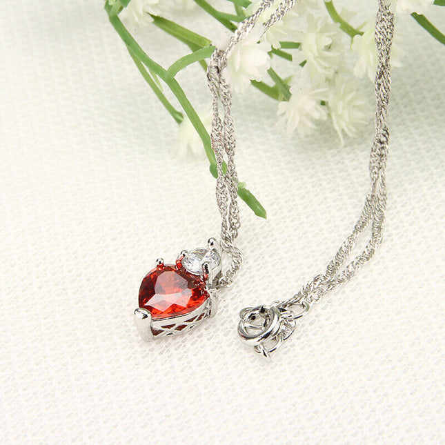 18” 925 Sterling Silver Red Garnet Heart Crystal Necklace for Women