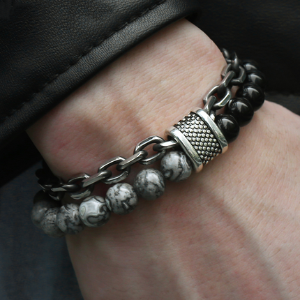 Natural Map Stone Men's Beaded Stainless Steel Bracelets Jewelry