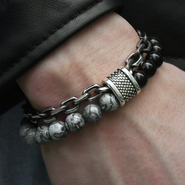 Natural Map Stone Men's Beaded Stainless Steel Bracelets Jewelry
