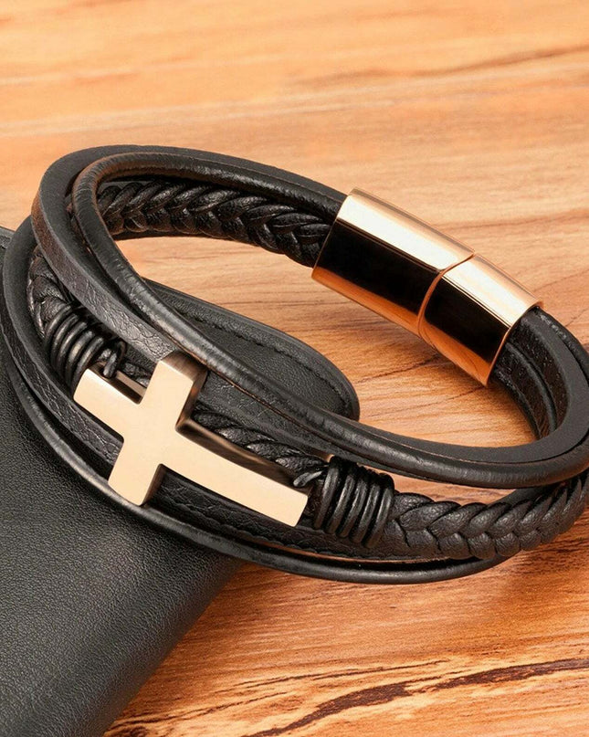 Cross Multi Layer Stainless Steel Fashion Men's Leather Bracelet Classic