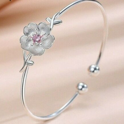 925 Sterling Silver Pink CZ Cherry Blossoms Bangle Bracelet