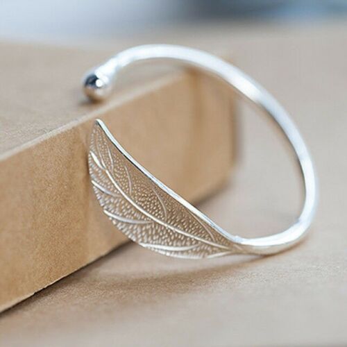 925 Sterling Silver Charm Leaf Bracelet Bangle Cuff One Size Fit All Adjustable